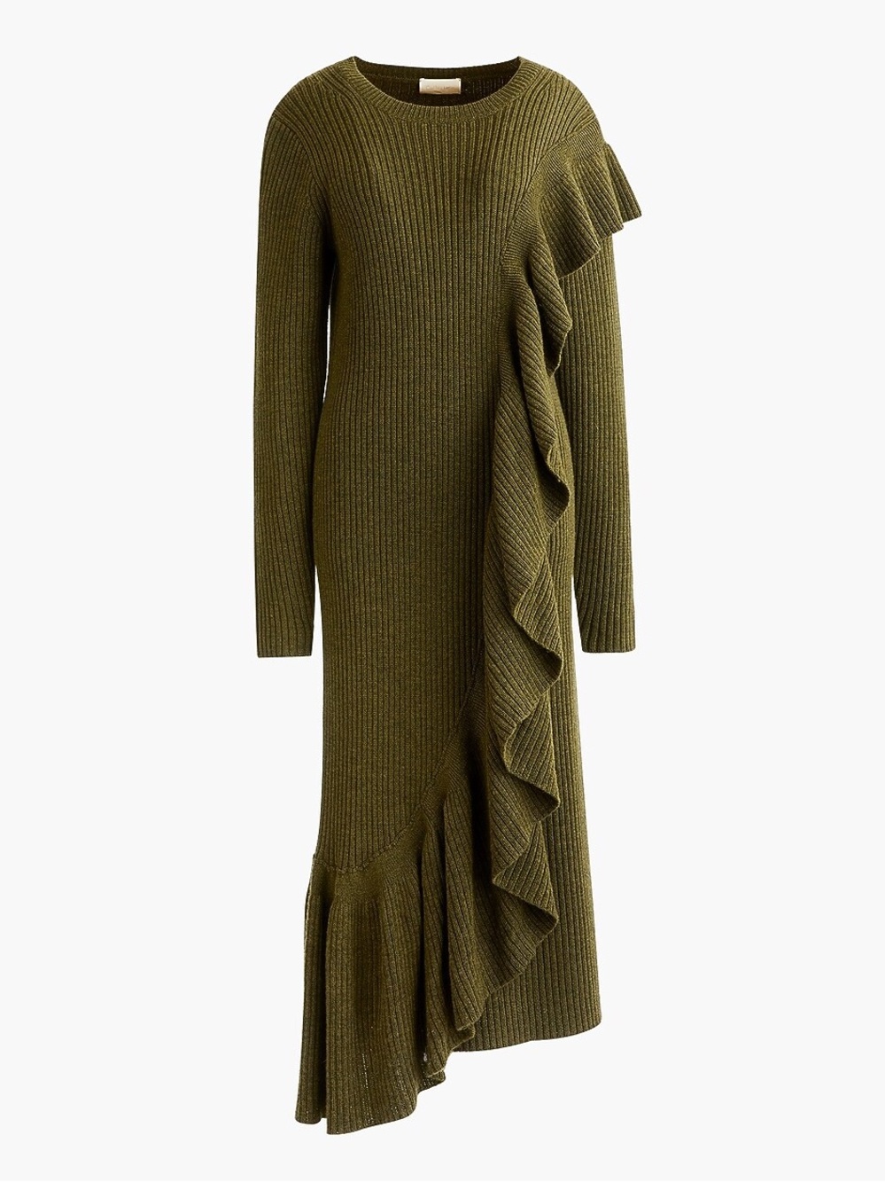 J. Crew Collection Ruffle Front Wool Olive Sweater Dress